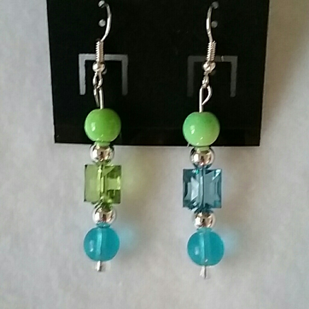 Blue Green And Silver Beaded Hook Earrings 12$